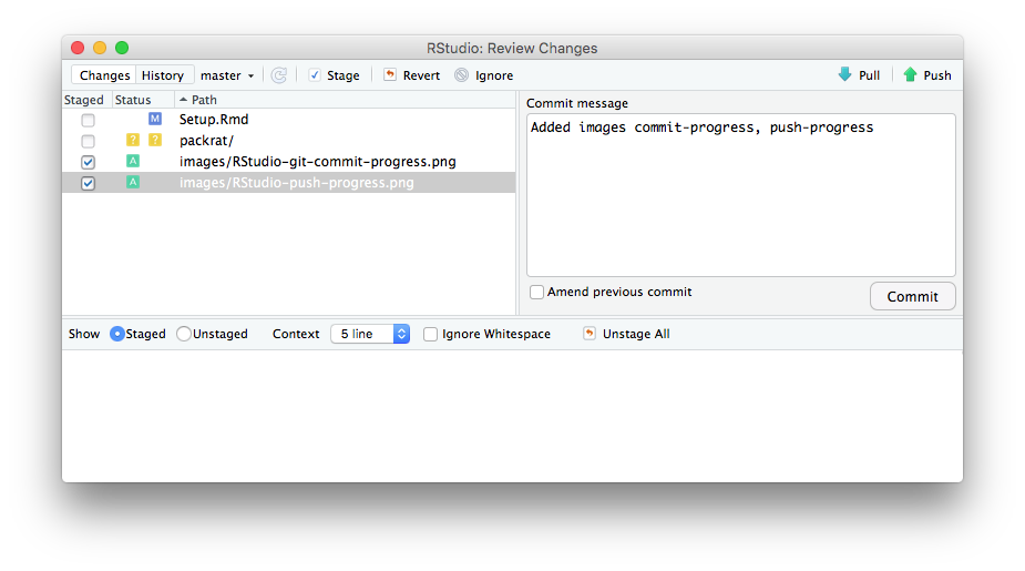 Above: The RStudio Review Changes window with a Commit message.