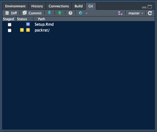 Above: The Git pane showing changes during work on this .Rmd file