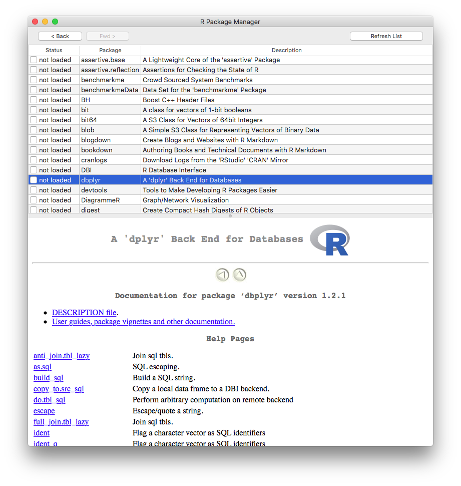 Above: The Package Manager window lists installed R packages and documentation.